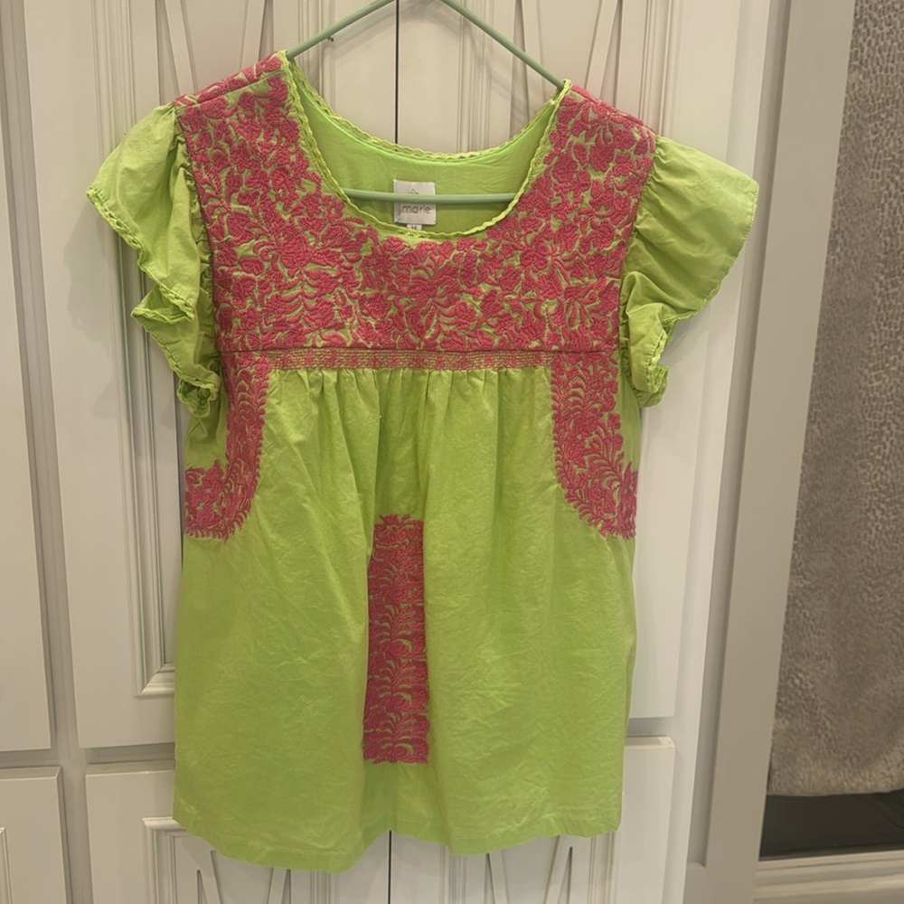 Womens Embroidered Flutter Sleeve Top - Lime & Hot Pink